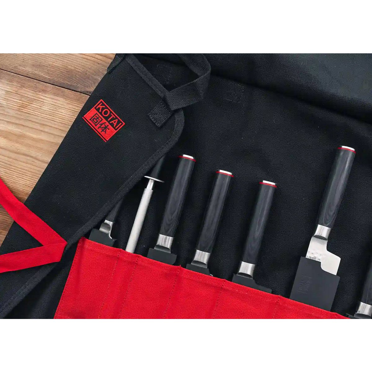 Kitchen Accessories - KOTAI knife roll-up bag - 100% cotton (7 slots for 6 knives and a honing steel)