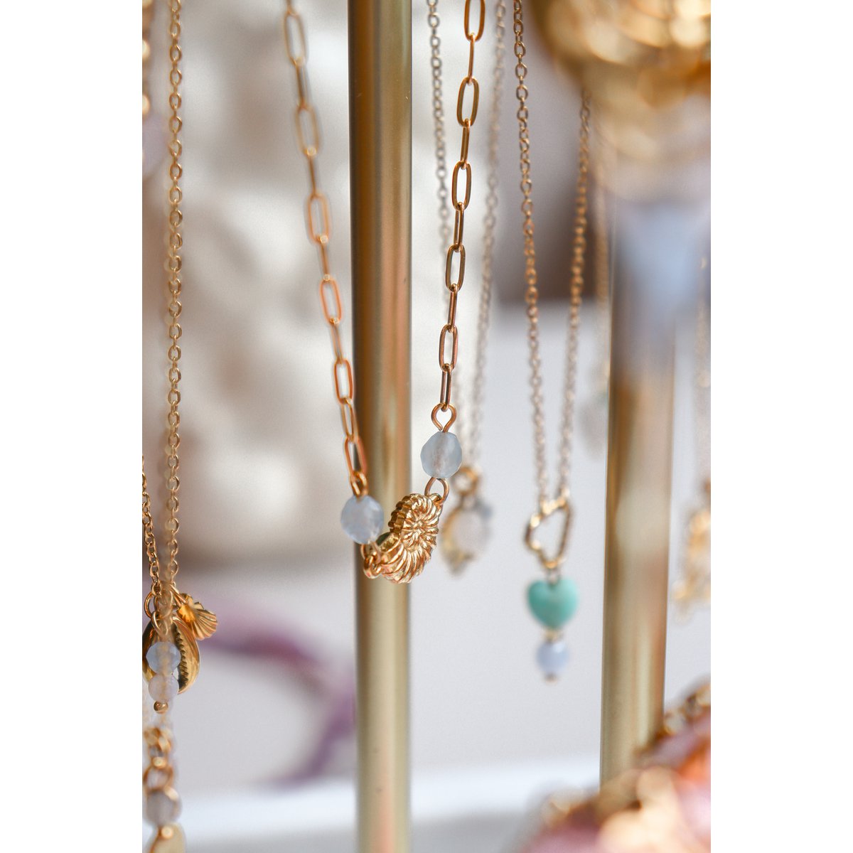 Necklace Twisted Heart, Amazonite and Aquamarine - Gold