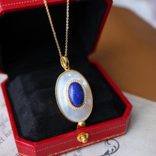 Lapis Lazuli MOP Large Oval Pendant Necklace