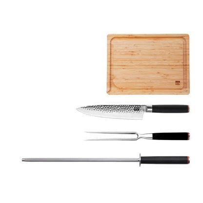 Knives and Kitchen Accessories Set - The BBQ Set Deluxe: Gyuto (chef knife) + carving fork + honing steel + bamboo cutting board