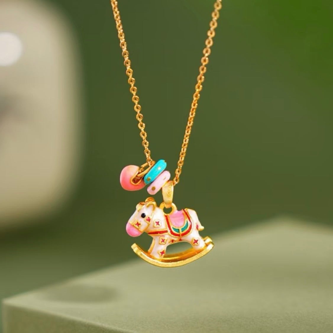 Enchanted Enamel Rocking Horse Charm Necklace