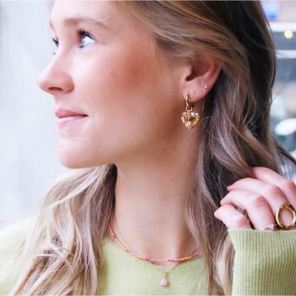 Stainless steel hoop earrings with HEART and colored cluster