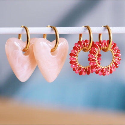 Stainless steel hoop earring with resin heart XL - light pink