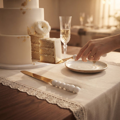 Golden pastry set with white ball porcelain handles