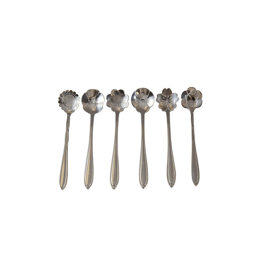 ASSORTED FLOWER CAKE SPOONS SILVER - SET OF 6