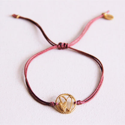 Satin bracelet with round charm double heart – old pink