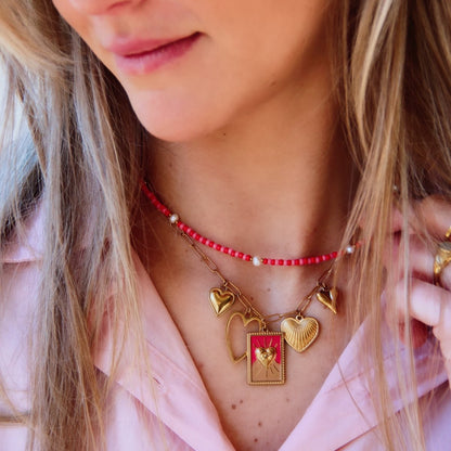 Beaded necklace with pearls - red/pink