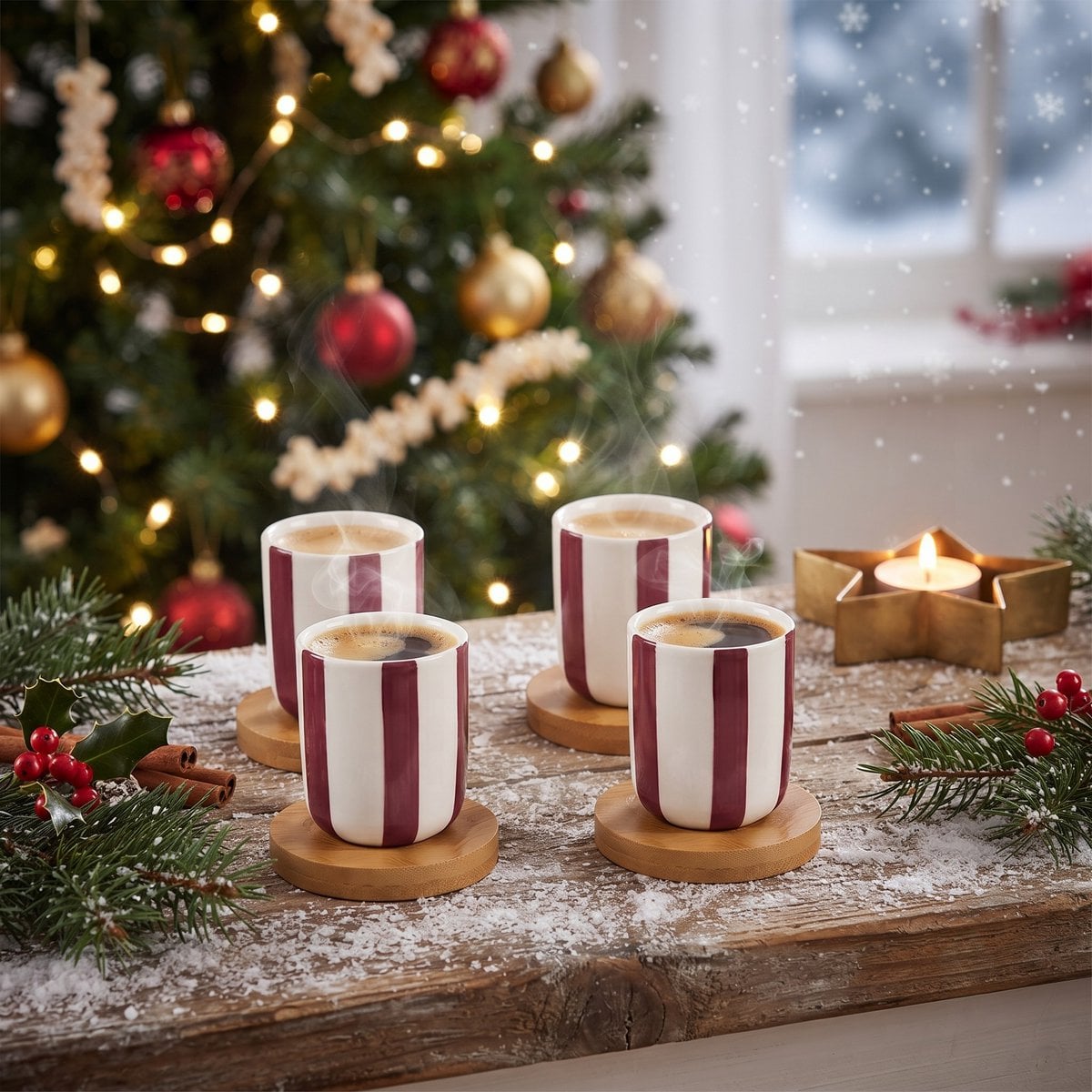 Burgundy striped coffee cups with wooden saucers - set of 4