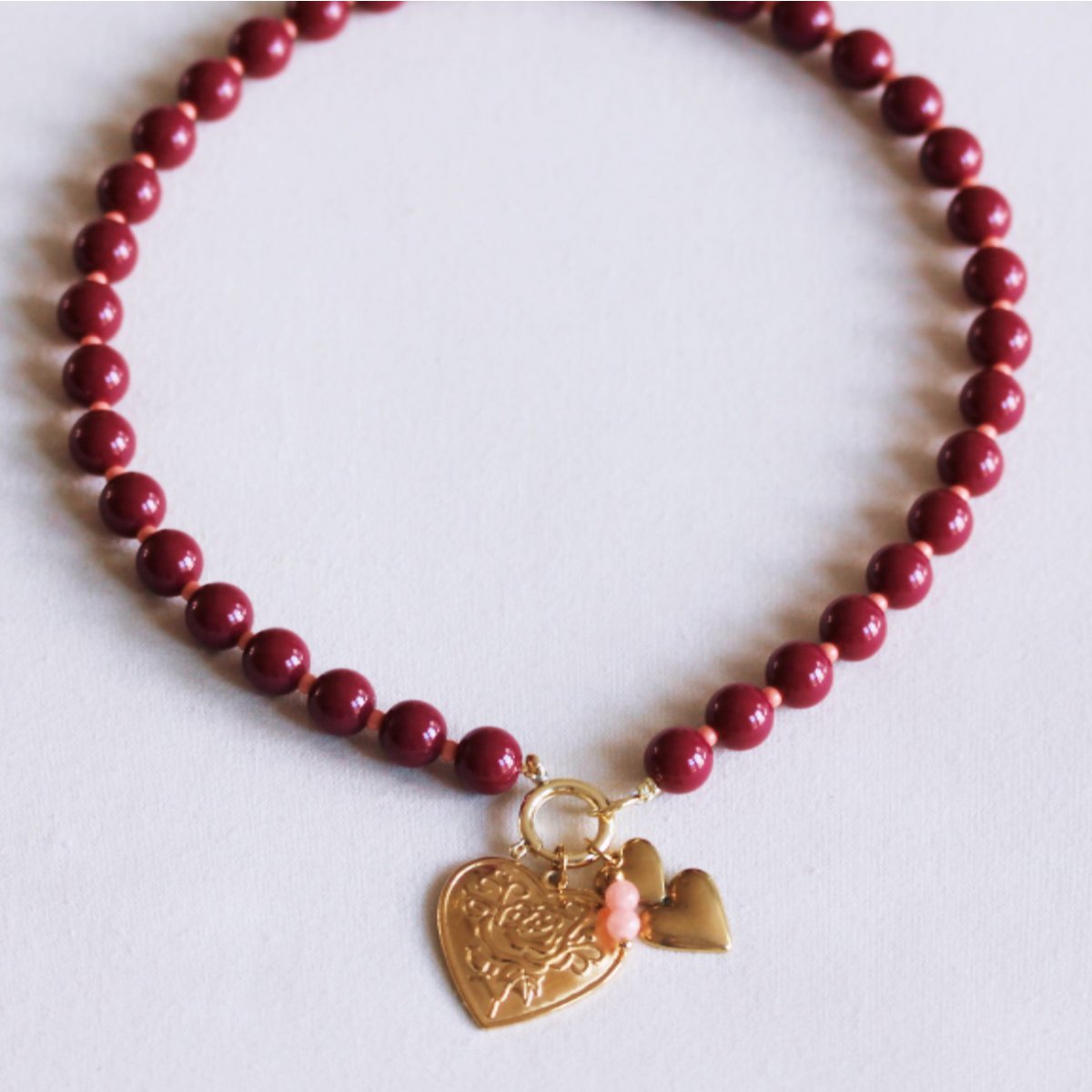Beaded necklace with Miyuki beads with charms- burgundy/salmon