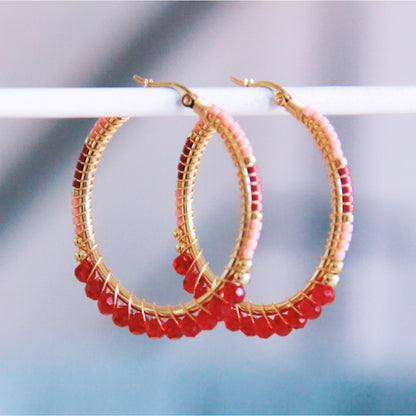 Round faceted Miyuki hoops - red/pink
