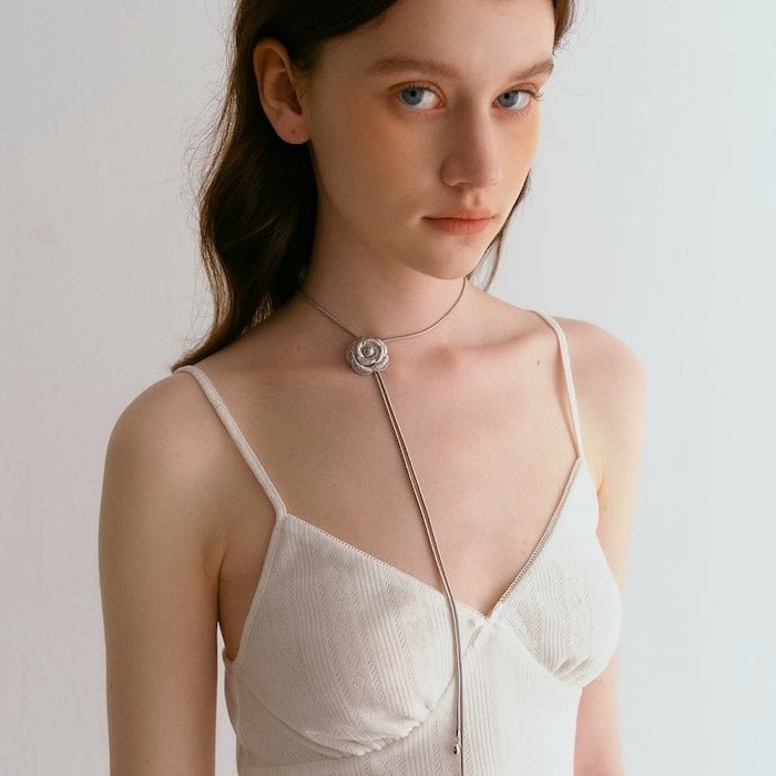 Sophisticated Silver Camellia Necklace and Earrings Set