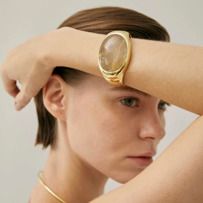 Bold Minimalist Gold Rutilated Quartz Wide Bangle