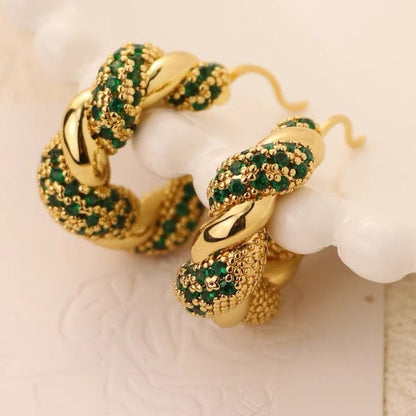 Vintage Styled Braided Earrings - Green Stones