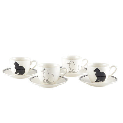 BLACK AND WHITE CAT COFFEE CUPS WITH SAUCERS - SET OF 4
