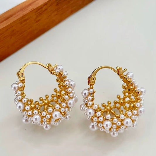 Romantic Pearl Basket Hoop Earrings-Gold n Silver