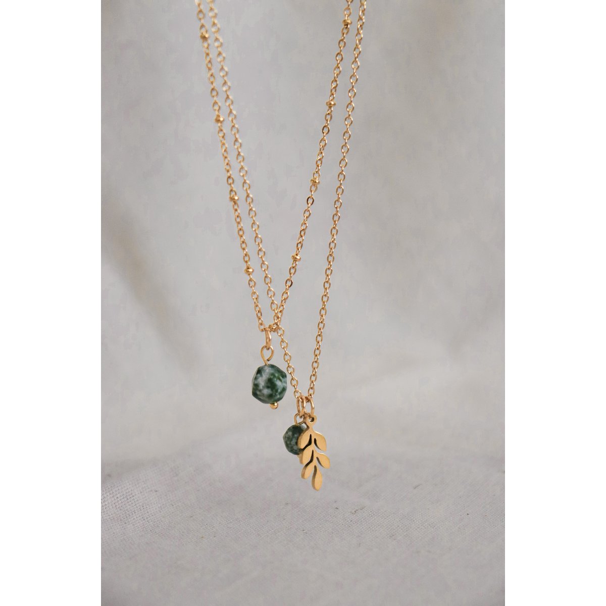 Green Spot Jasper & Leaf Necklace - Gold