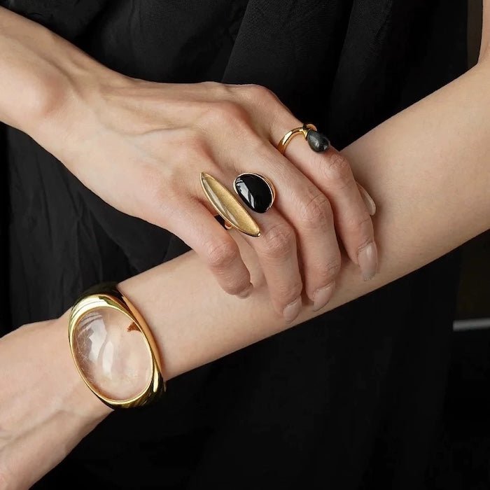 Bold Minimalist Gold Rutilated Quartz Wide Bangle