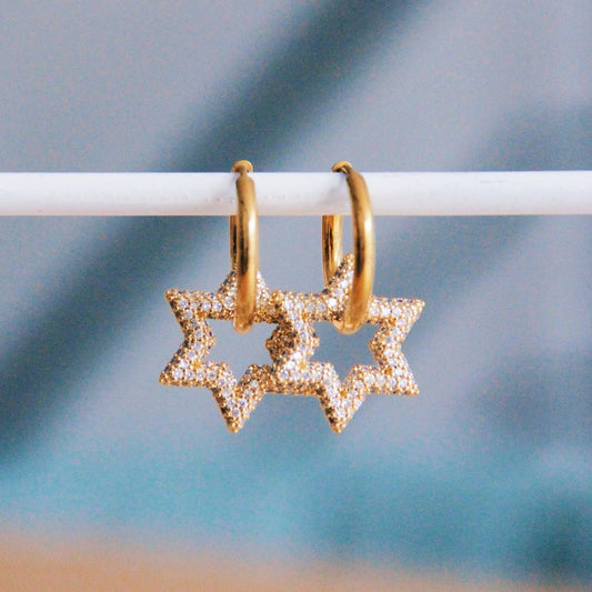 Stainless steel hoop earring with crystal star - white/gold