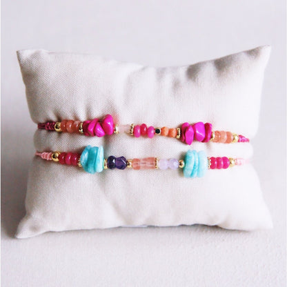 Satin bracelet with gemstones, chips and gold-colored details - light pink/mint