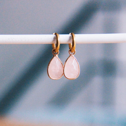 Stainless steel creoles with drop-shaped natural stone - gold / pink