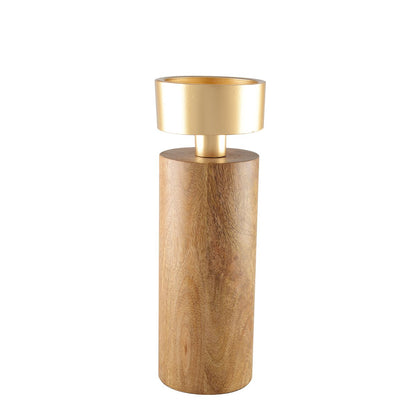 WOOD & GOLD METAL CANDLE HOLDER 23CM