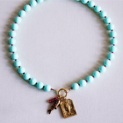 Beaded necklace with Miyuki beads with charms -  mint/cerise