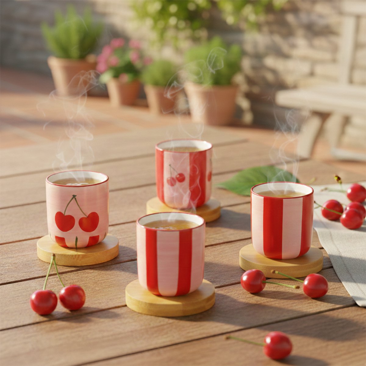 Cherry coffee cups with wooden saucers - set of 4