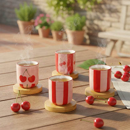 Cherry coffee cups with wooden saucers - set of 4