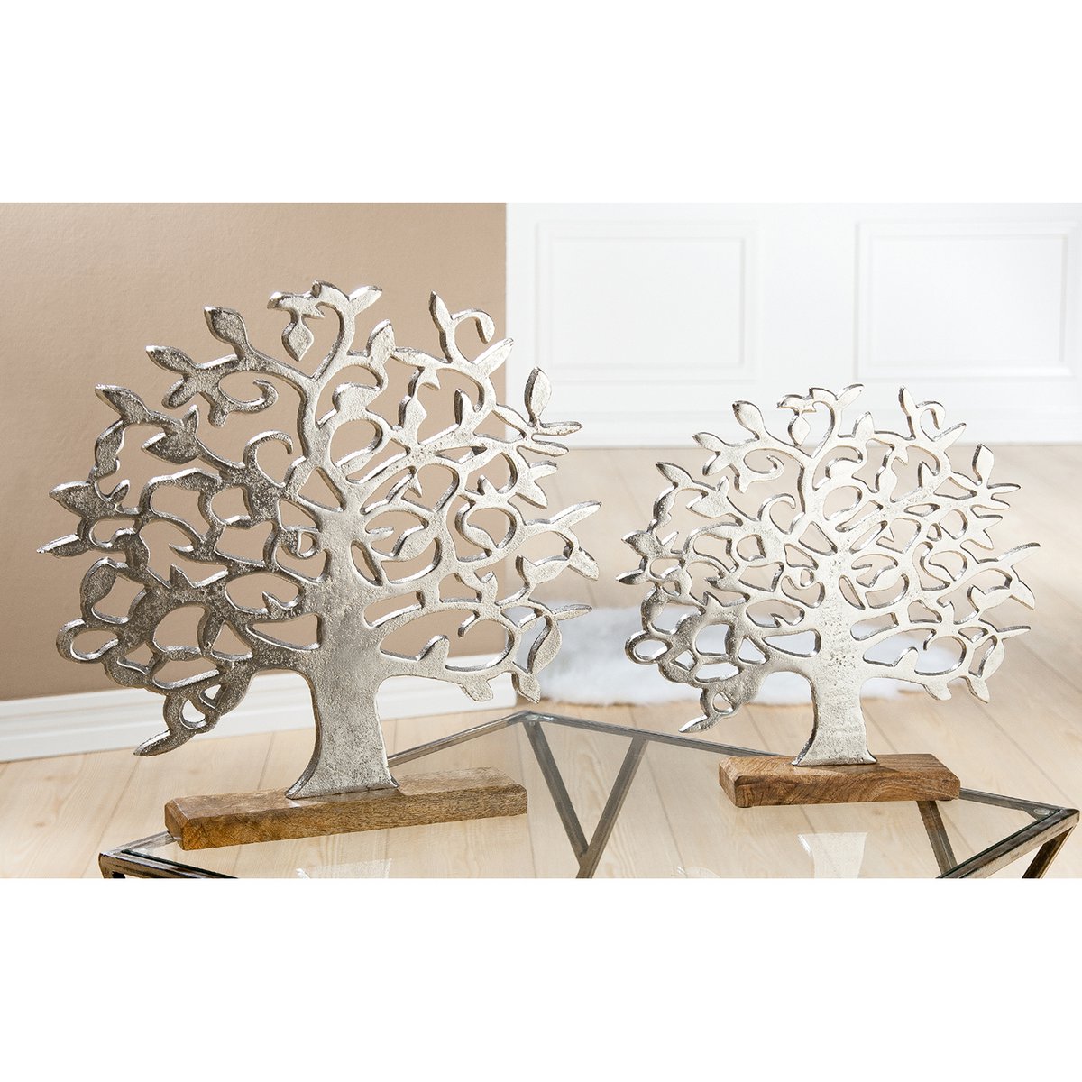 Aluminum tree of life on a wooden base