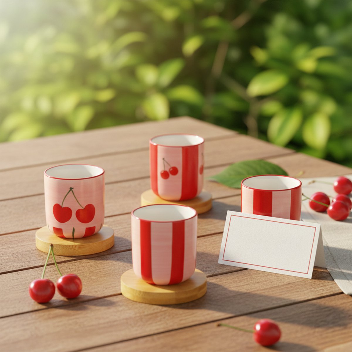 Cherry coffee cups with wooden saucers - set of 4
