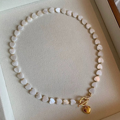 Mother of Pearl Heart Beads Necklace with OT Buckle