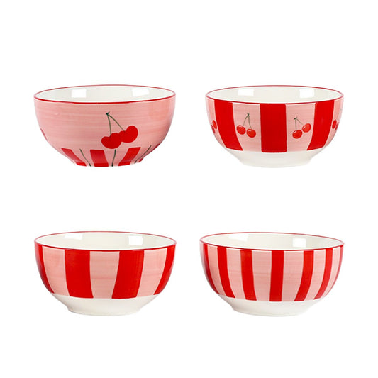 Cherry red striped bowls - set of 4