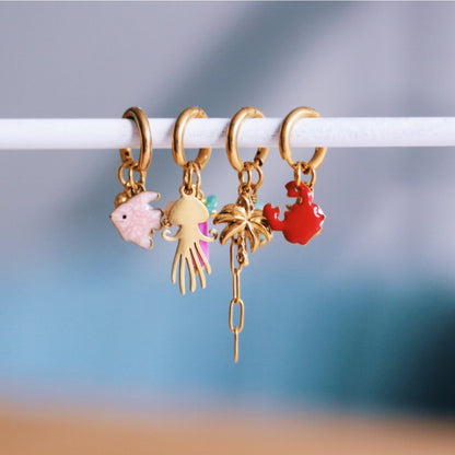 Stainless steel hoop earrings with palm tree, chain and stone - mint