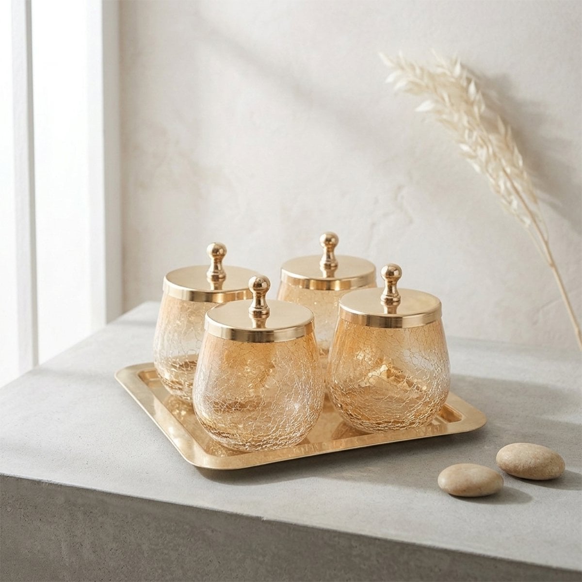Square tray with 4 glass jars and gold stainless steel lid