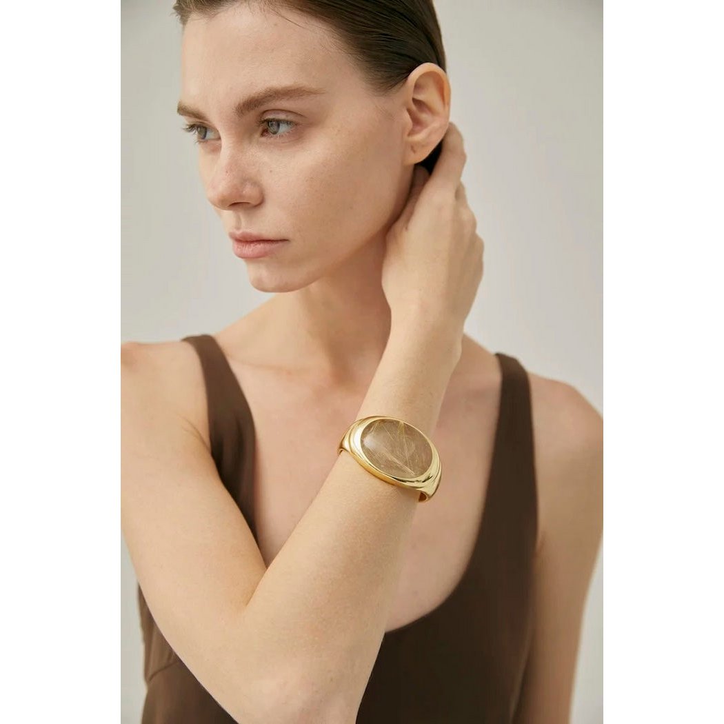 Bold Minimalist Gold Rutilated Quartz Wide Bangle