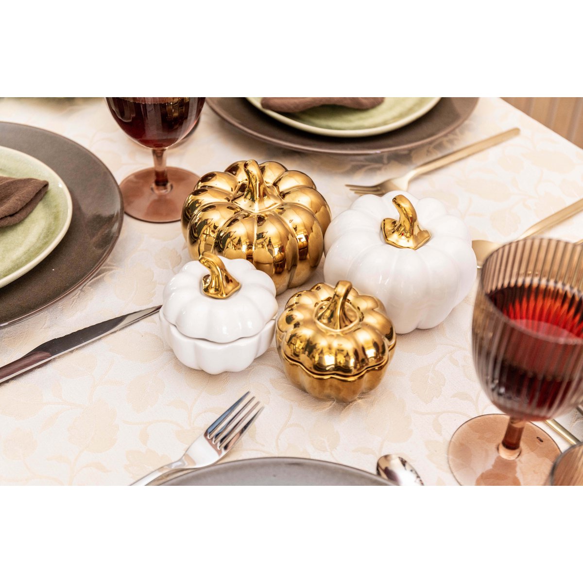 DECORATIVE WHITE AND GOLD PUMPKINS - SET OF 2