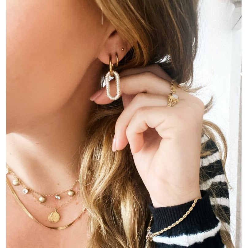 Stainless steel earring with oval crystal pendant - silver