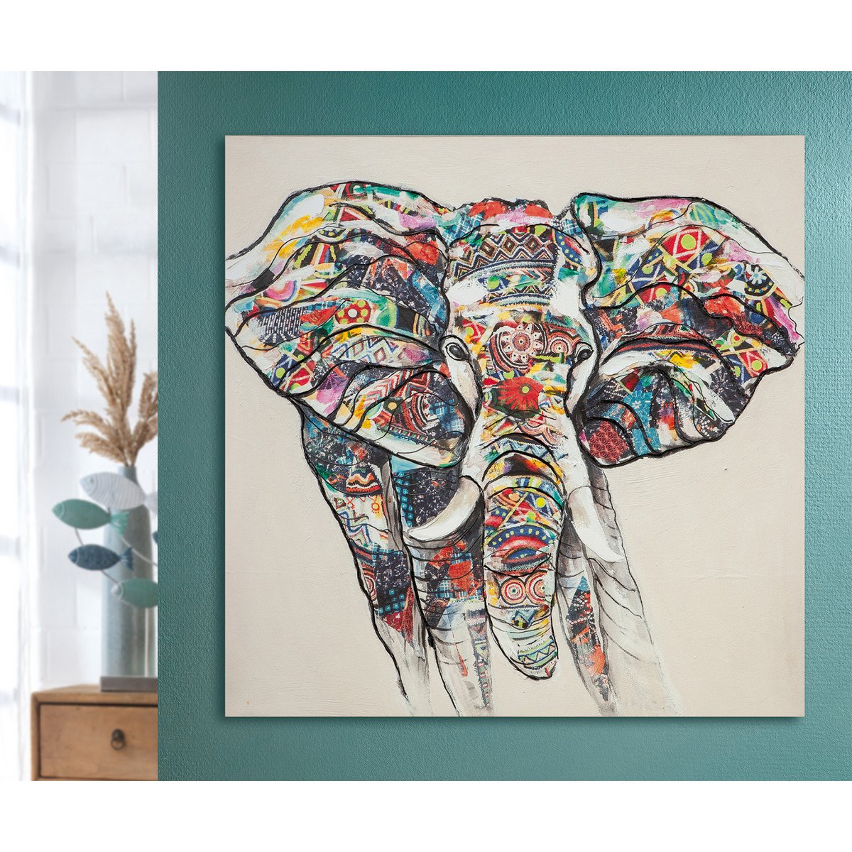 Wood/linen picture "Colorful Elephant"