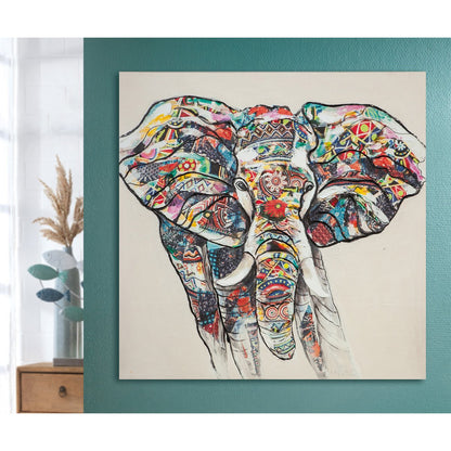 Wood/linen picture "Colorful Elephant"