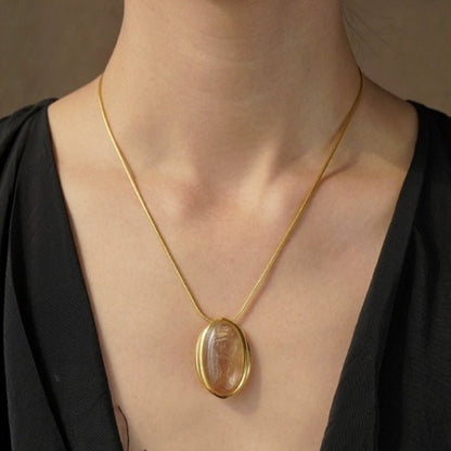 Minimalist Gold Rutilated Quartz Oval Pendant Necklace