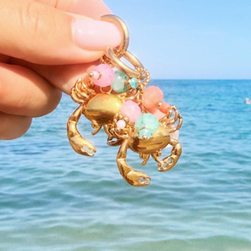 Stainless steel hoop earrings with crab and colored stones