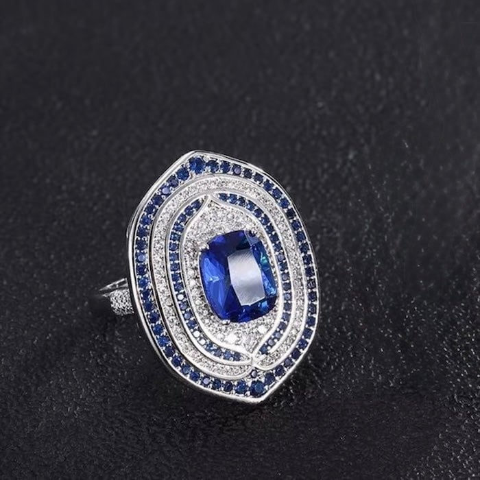 Royal Sapphire Halo Crystal Dress Ring