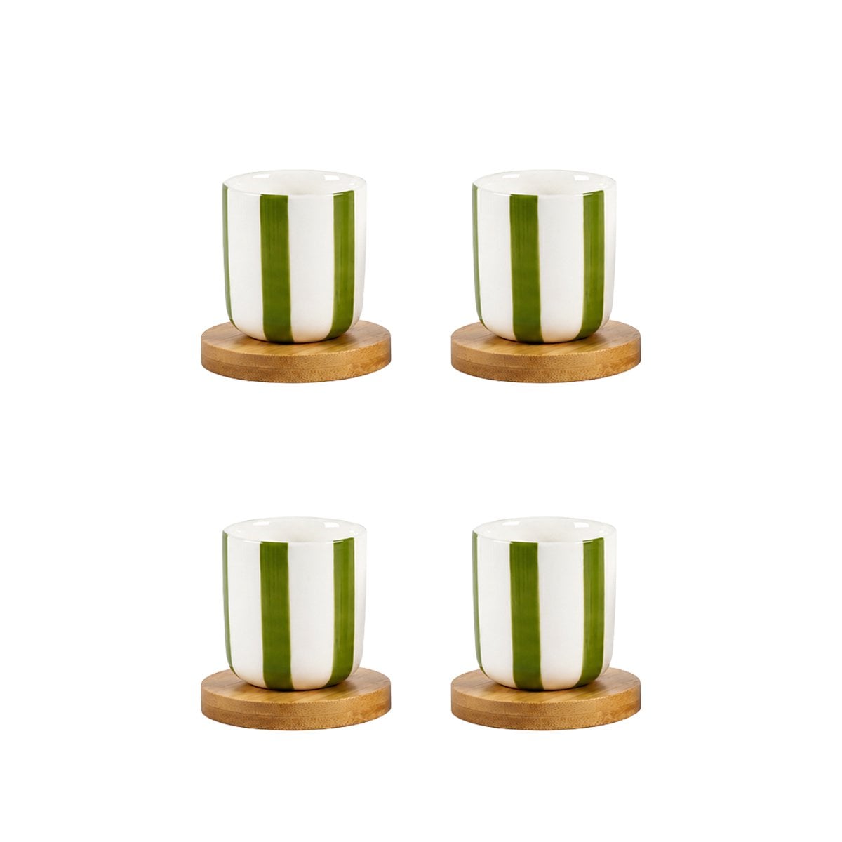 Green striped coffee cups with wooden saucers - set of 4