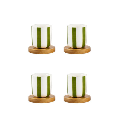 Green striped coffee cups with wooden saucers - set of 4