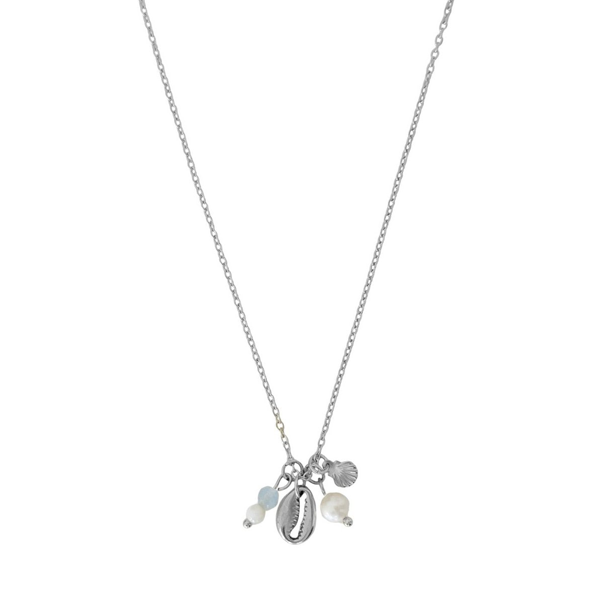 Shell Necklace Aquamarine and Pearl - Silver