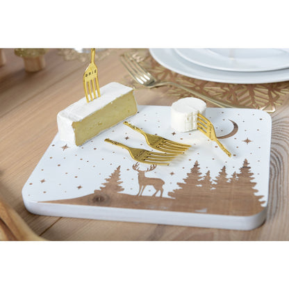 RECTANGULAR DEER WOODEN CHEESE PLATE AND 4 GOLDEN FORKS