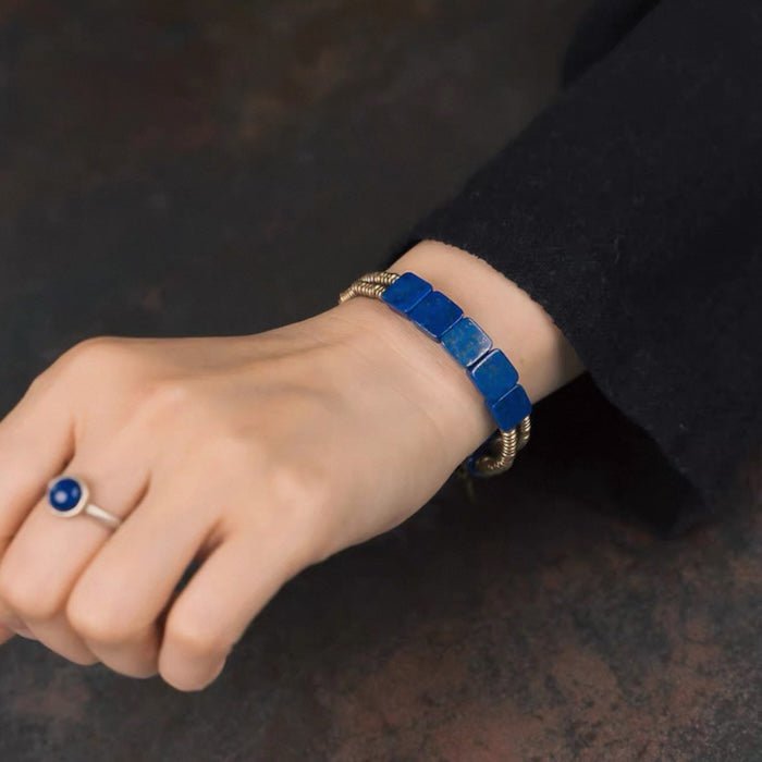 Lapis Lazuli Square Plate Bracelet with Bronze Bangles
