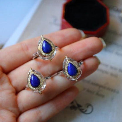Lapislazuli Pear-cut Clear Quartz Crystal Ring