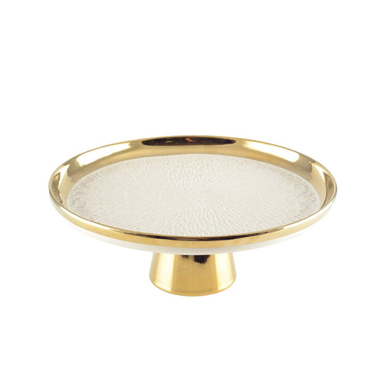 CREAM-FOOTTED PIE DISH WITH GOLD RIM