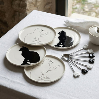 BLACK AND WHITE CAT DESSERT PLATES - SET OF 4